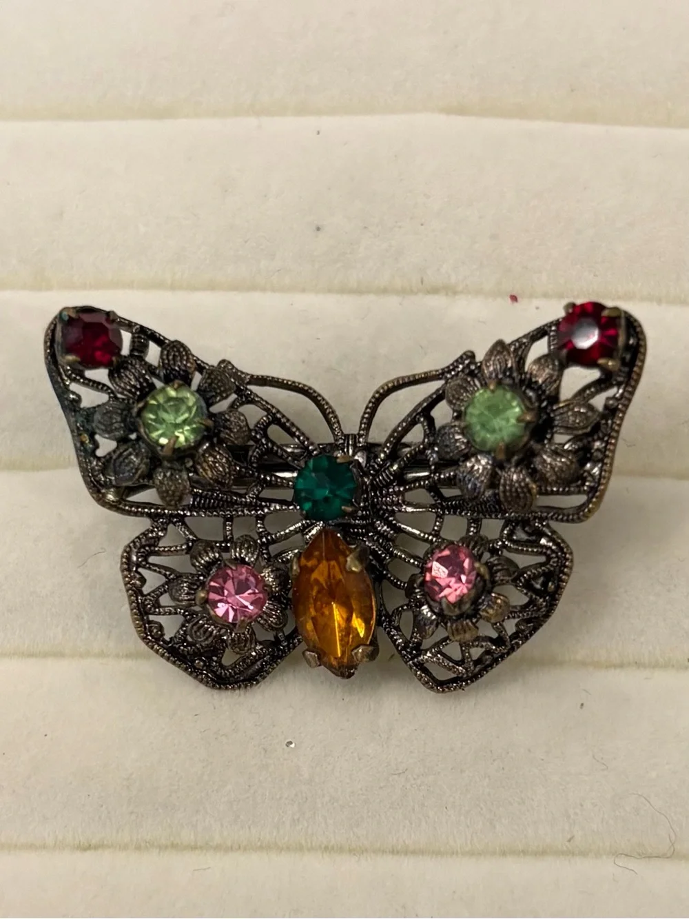 Vintage Brooch Filigree Silver‎ Tone Colorful Rhinestone Butterfly Pin Fairycore